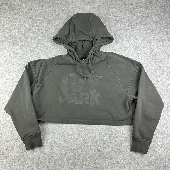 Ivy Park Cropped Hooded Sweatshirt Womens M Gray Oversized Streetwear Hoodie* - Picture 1 of 15